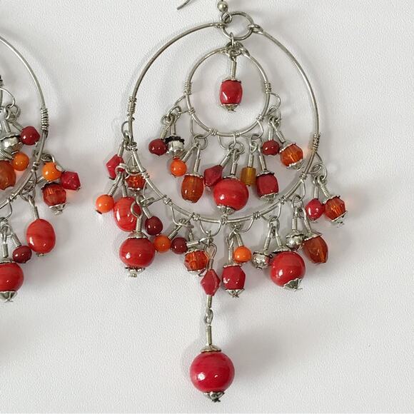 Chandelier Double Hoop Glass Bead Drop Oversized Statement Boho Tribal Earrings - Picture 9 of 13